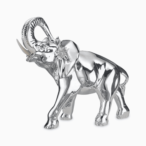 Statuetta in Resina Argentata a Forma di Elefante con Dettaglio delle Zanne Bianco