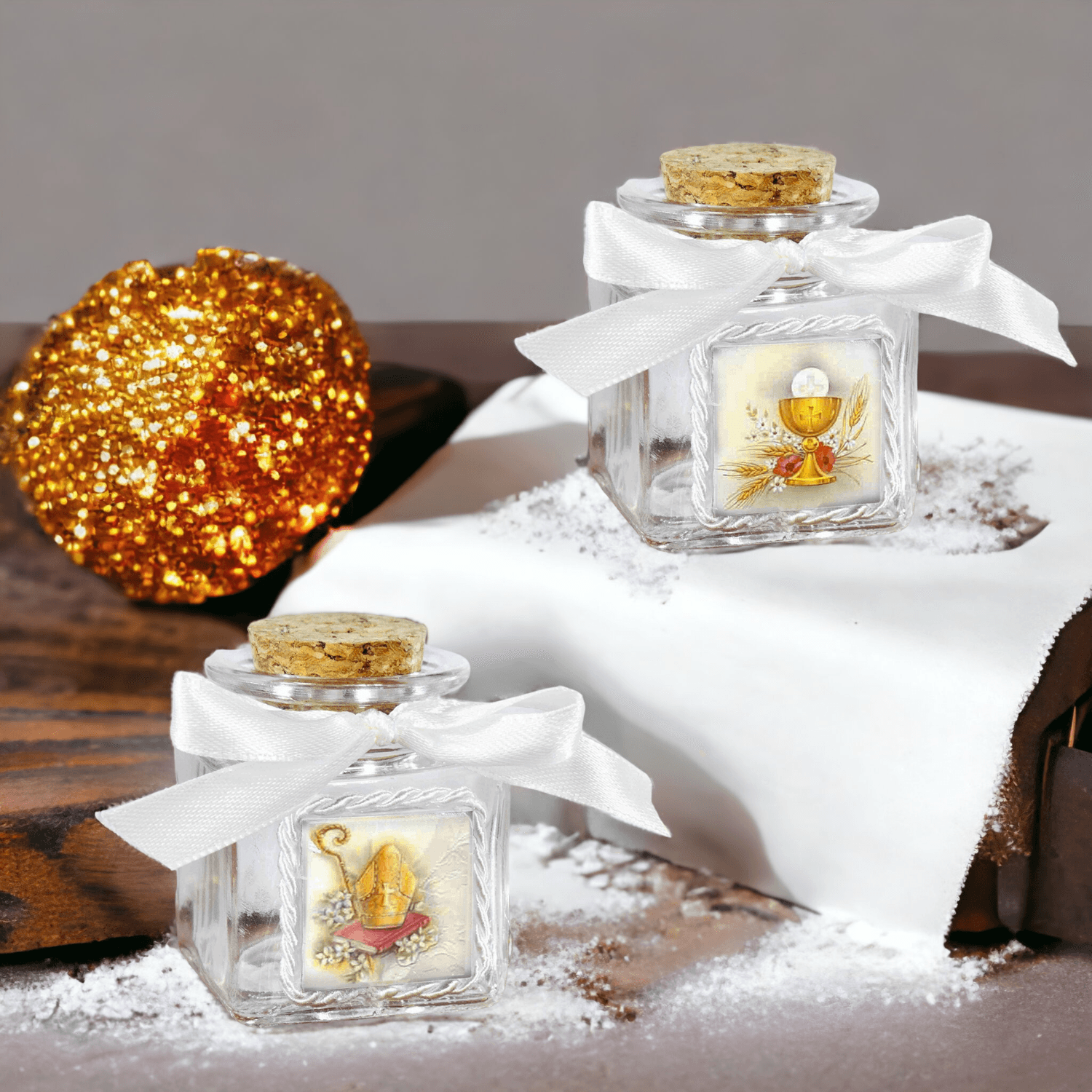 Barattolino Portaconfetti in Vetro con Tappo in Sughero e Applicazione Mattonella in Gres Porcellanato con Contorno Corda e Nastrino Bianco Portaconfetti Albalu Bomboniere