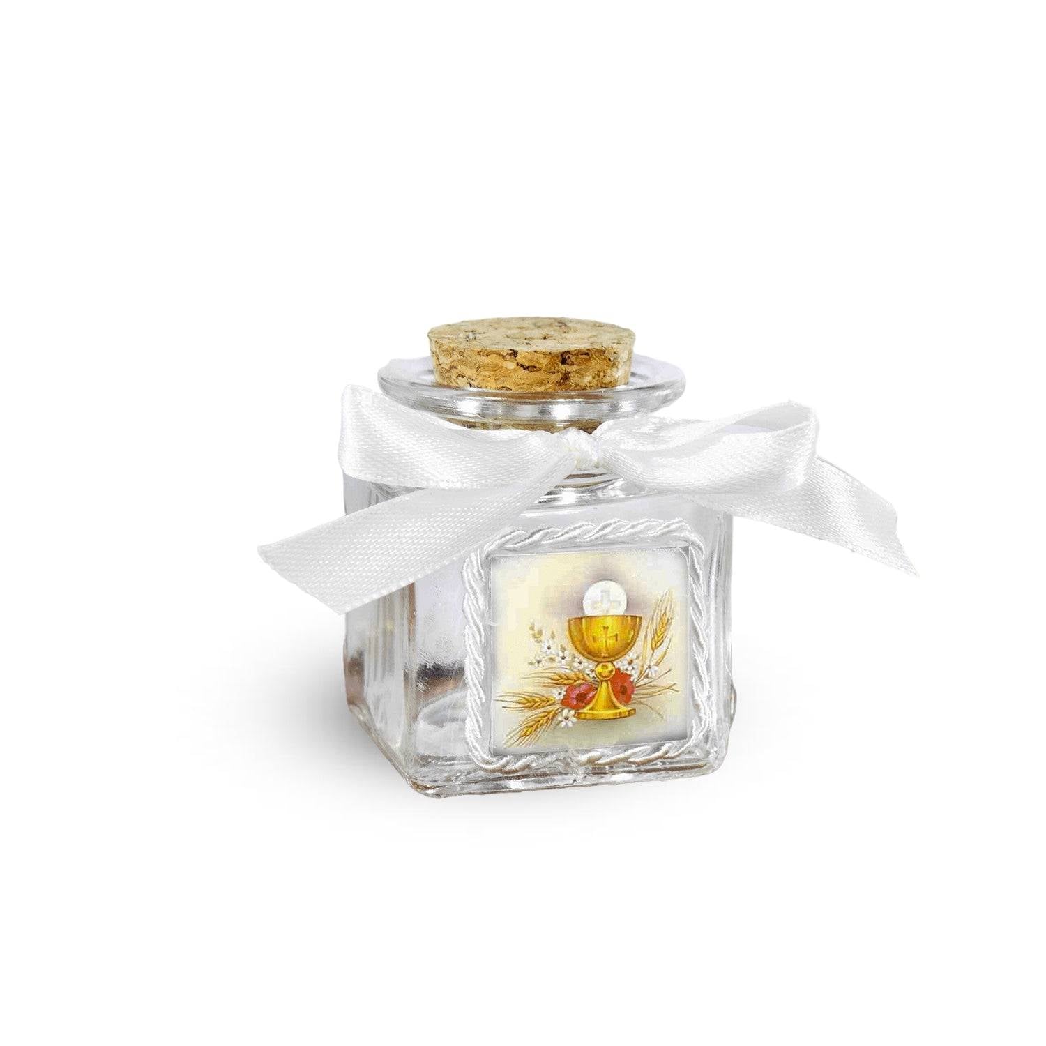 Barattolino Portaconfetti in Vetro con Tappo in Sughero e Applicazione Mattonella in Gres Porcellanato con Contorno Corda e Nastrino Bianco