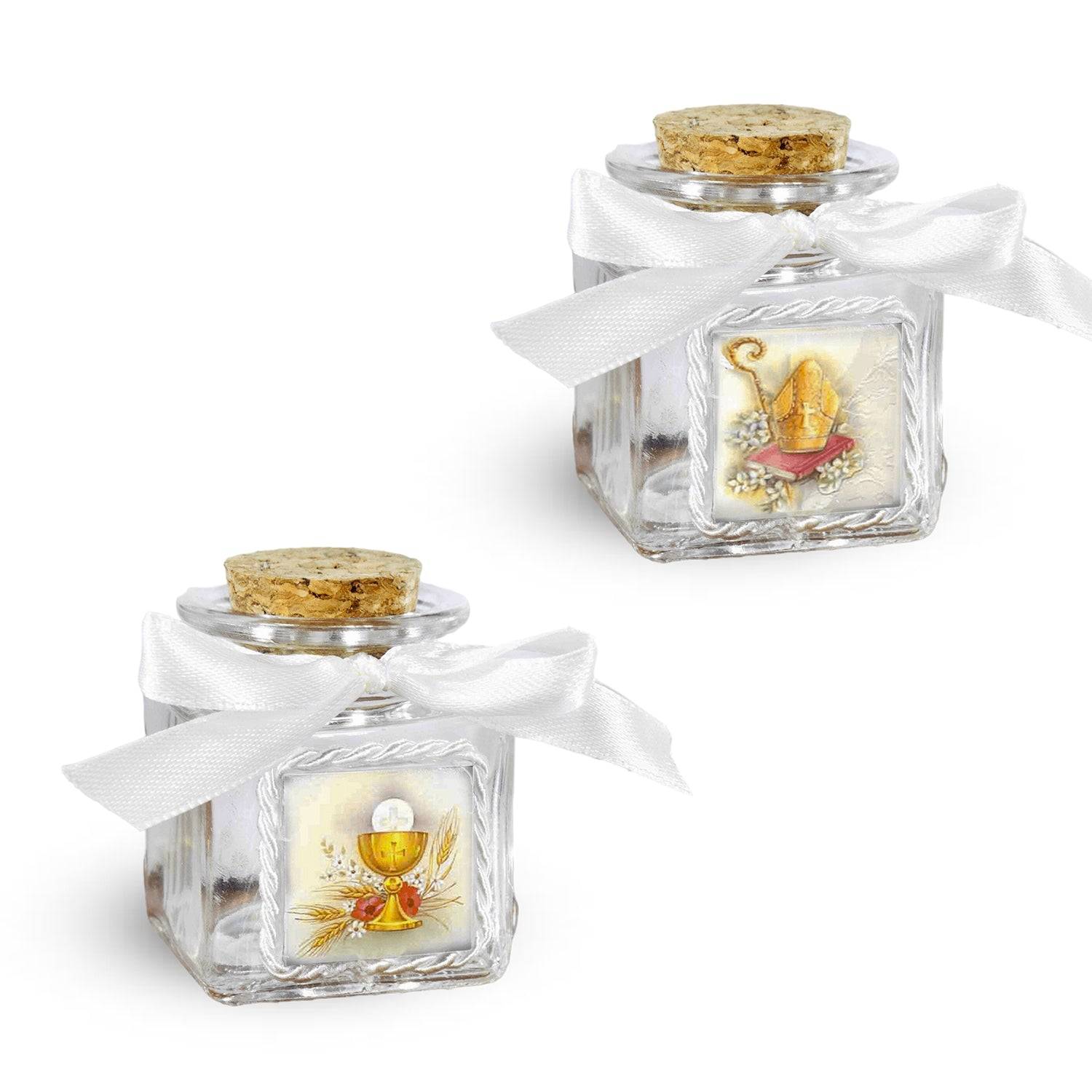 Barattolino Portaconfetti in Vetro con Tappo in Sughero e Applicazione Mattonella in Gres Porcellanato con Contorno Corda e Nastrino Bianco Portaconfetti Albalu Bomboniere