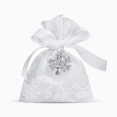 Sacchetto Portaconfetti  Bianco Applicazione Albero della Vita con Strass Confetti Bianchi Inclusi Portaconfetti Albalu Bomboniere