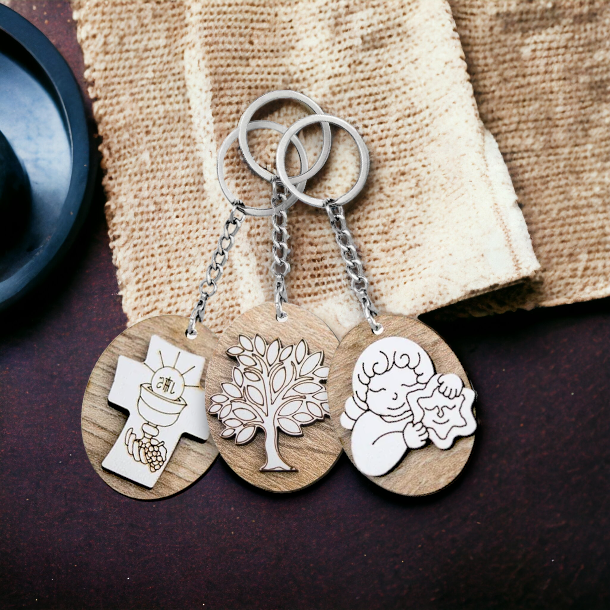 Portachiavi in Legno con Applicazioni Doppio Strato a Tema Sacro e Decorazioni Varie Portachiavi Albalu Bomboniere