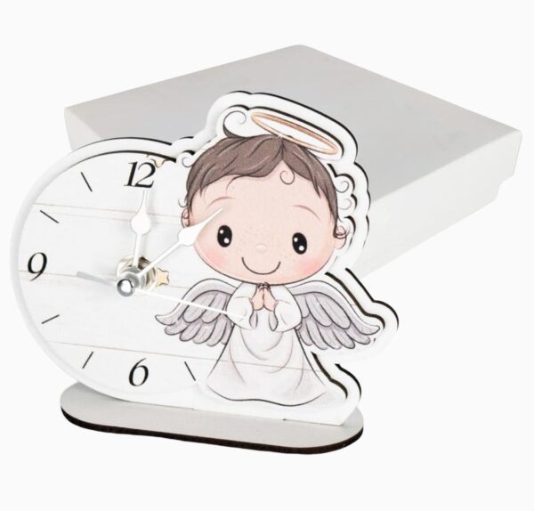 Bomboniera Orologio Angelo Bimba e Bimbo Sagomato Bianco in Legno