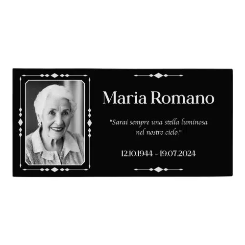 Targa commemorativa per lapide a sfondo nero con cornice decorativa in gres porcellanato, foto e dedica personalizzabili