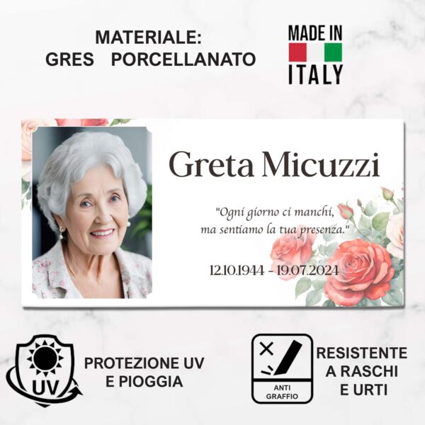 Dettagli tecnici Targa Commemorativa defunti con Rose Rosse