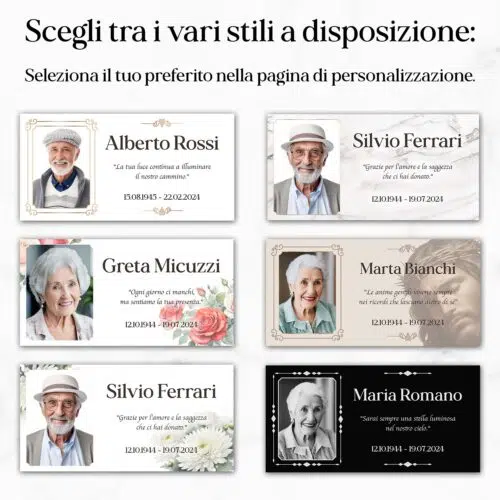 I decori disponibili della targa commemorativa per lapide: marmo, sfondo nero, rose rosse, crisantemi, filo oro e Gesù