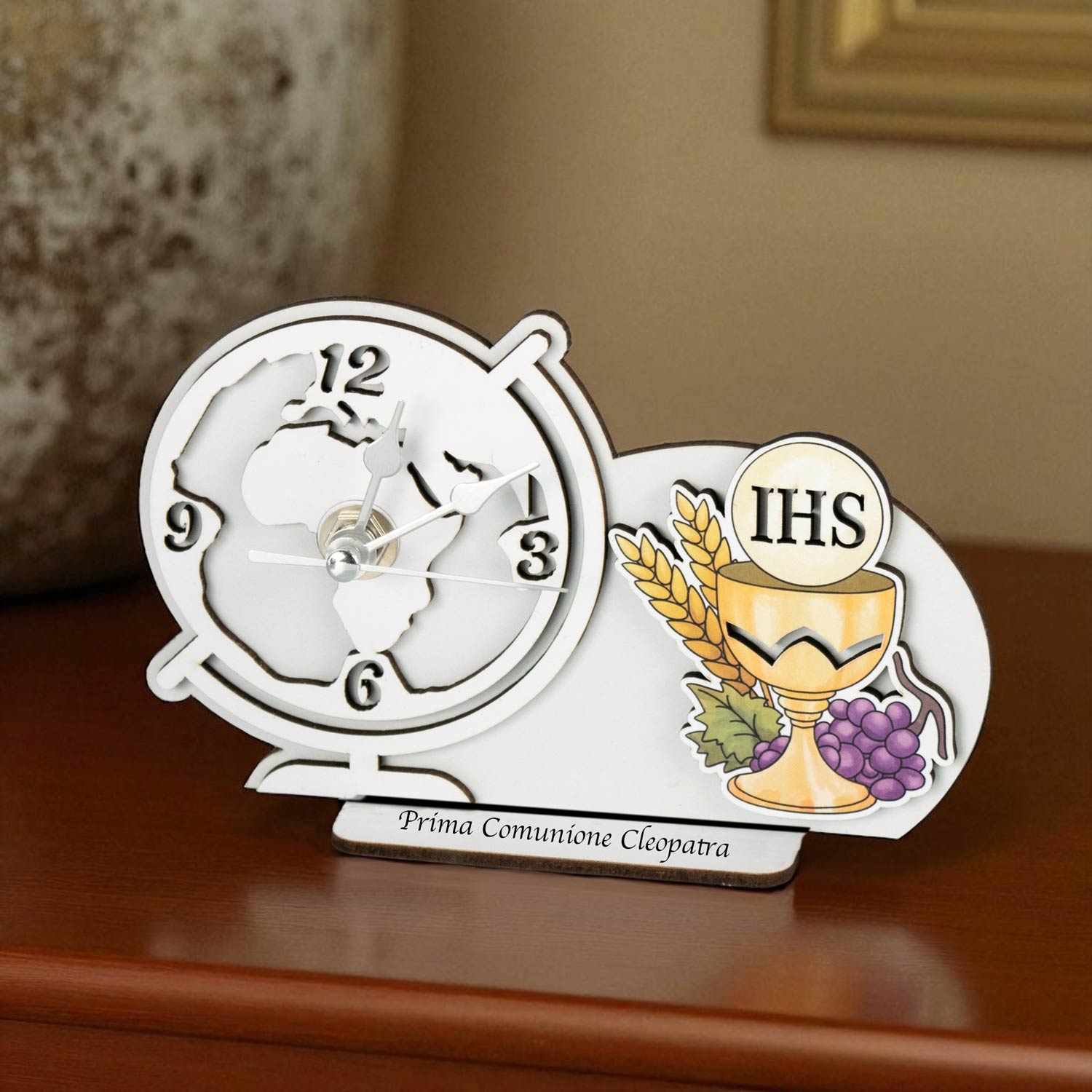Set Bomboniera Comunione/Battesimo: Orologio Da Tavolo E Cornice Portafoto Con Angioletto (Colori Tortora E Bianco)