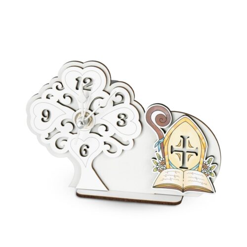 Orologio albero della vita cresima in legno con applicazione cappello vescovo