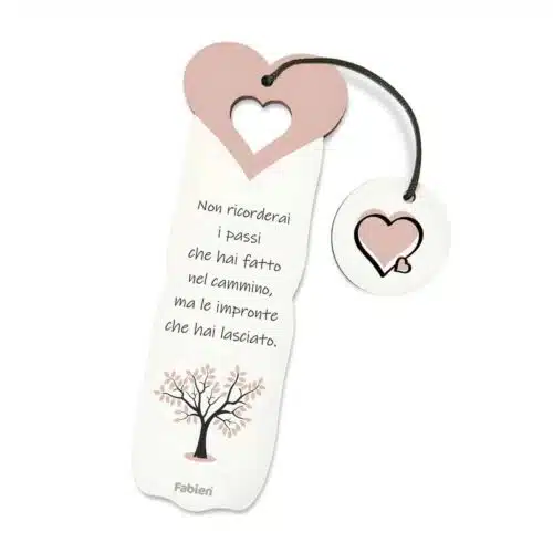 Segnalibro bomboniera albero della vita in tonalità cipria con cuore traforato e ciondolo abbinato, personalizzabile con nome e data