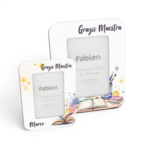 Portafoto personalizzato regalo maestre fine anno – cornice in legno con illustrazione libro e stelle