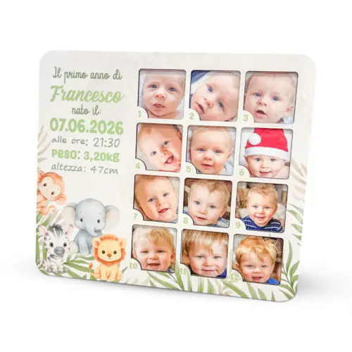 Portafoto 12 mesi personalizzabile in legno tema safari con 12 foto mensili del bambino, regalo per neo mamma
