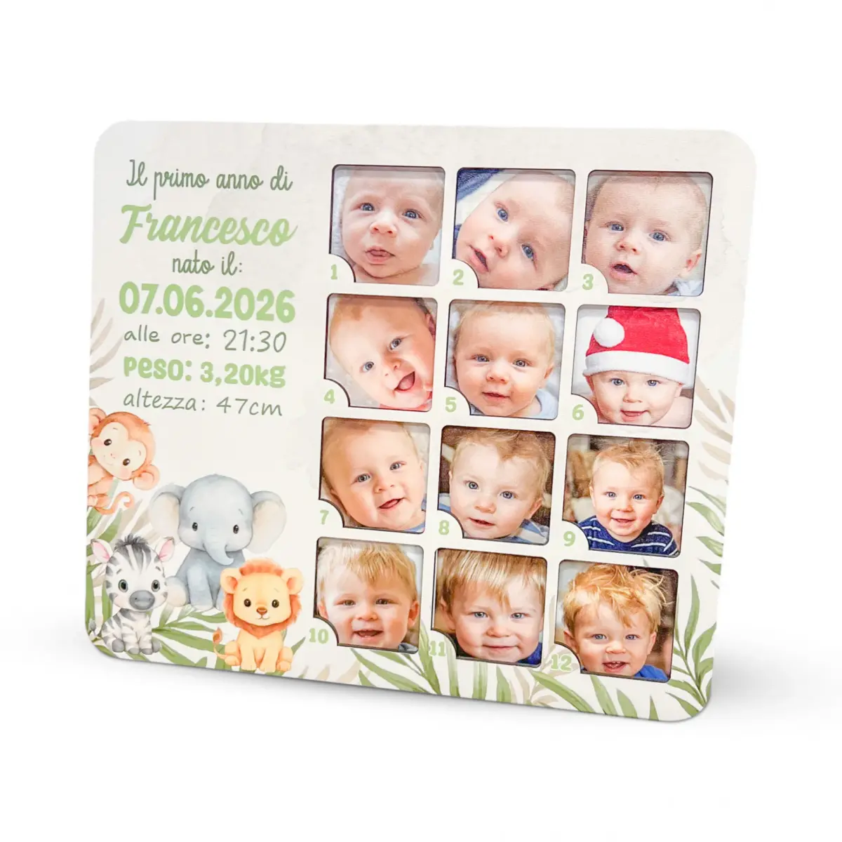 Portafoto 12 mesi personalizzabile in legno tema safari con 12 foto mensili del bambino, regalo per neo mamma