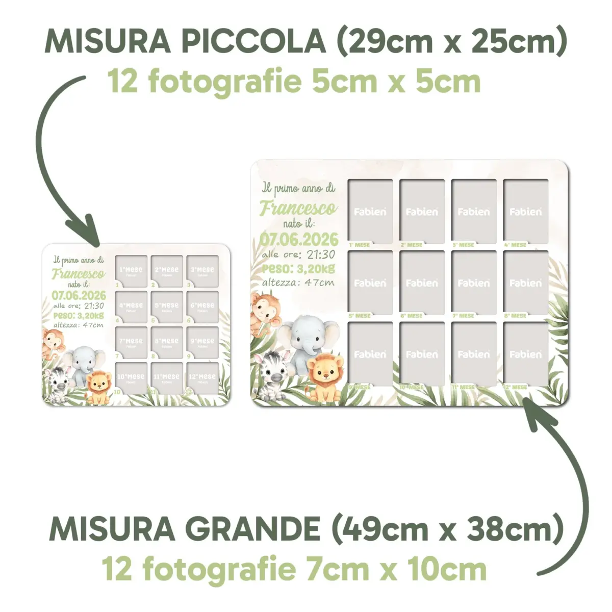 Misure Portafoto 12 Mesi Safari — Piccola 29×25 cm e Grande 49×38 cm