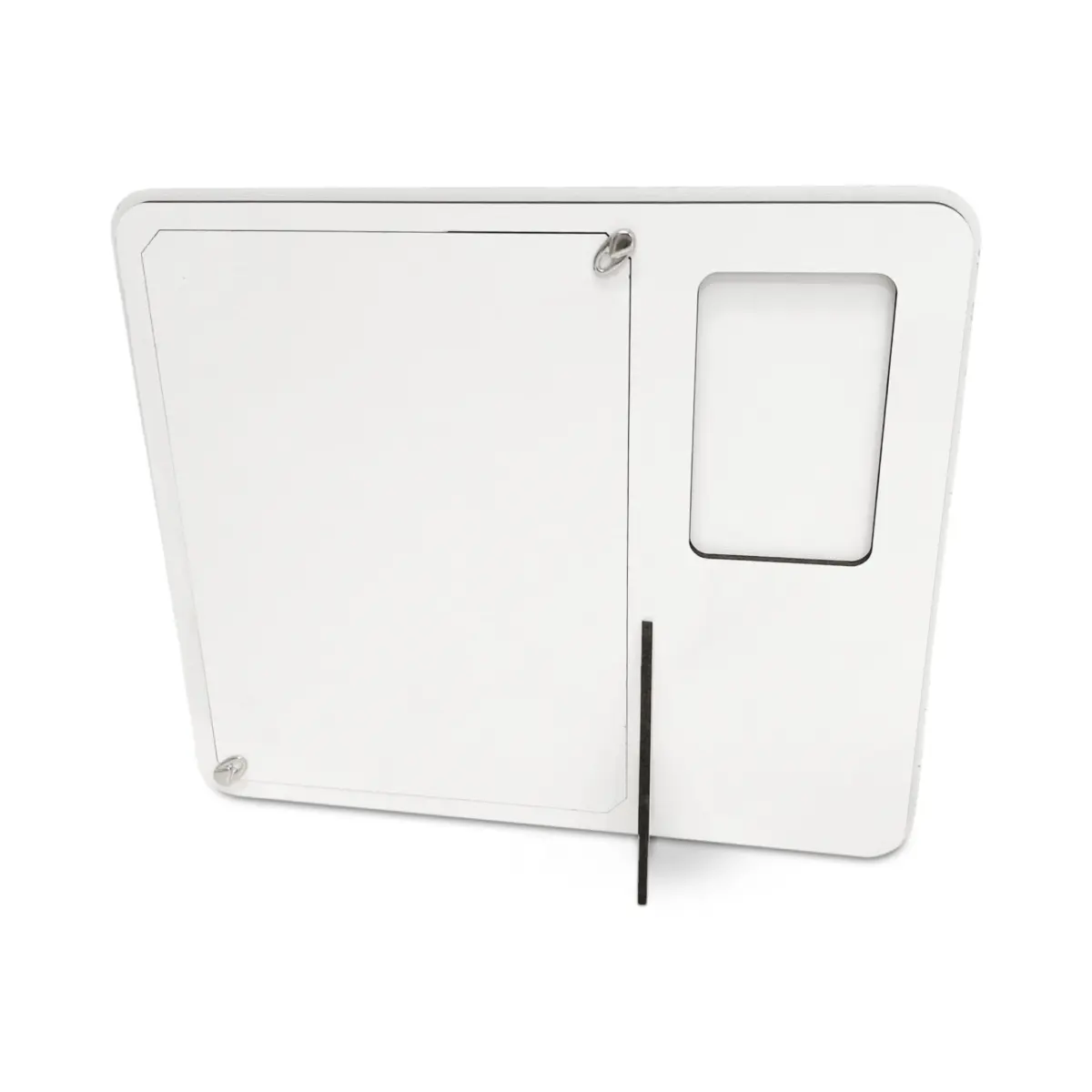 Retro del portafoto 12 mesi in legno bianco con gancio metallico per appendere alla parete e supporto pieghevole da tavolo