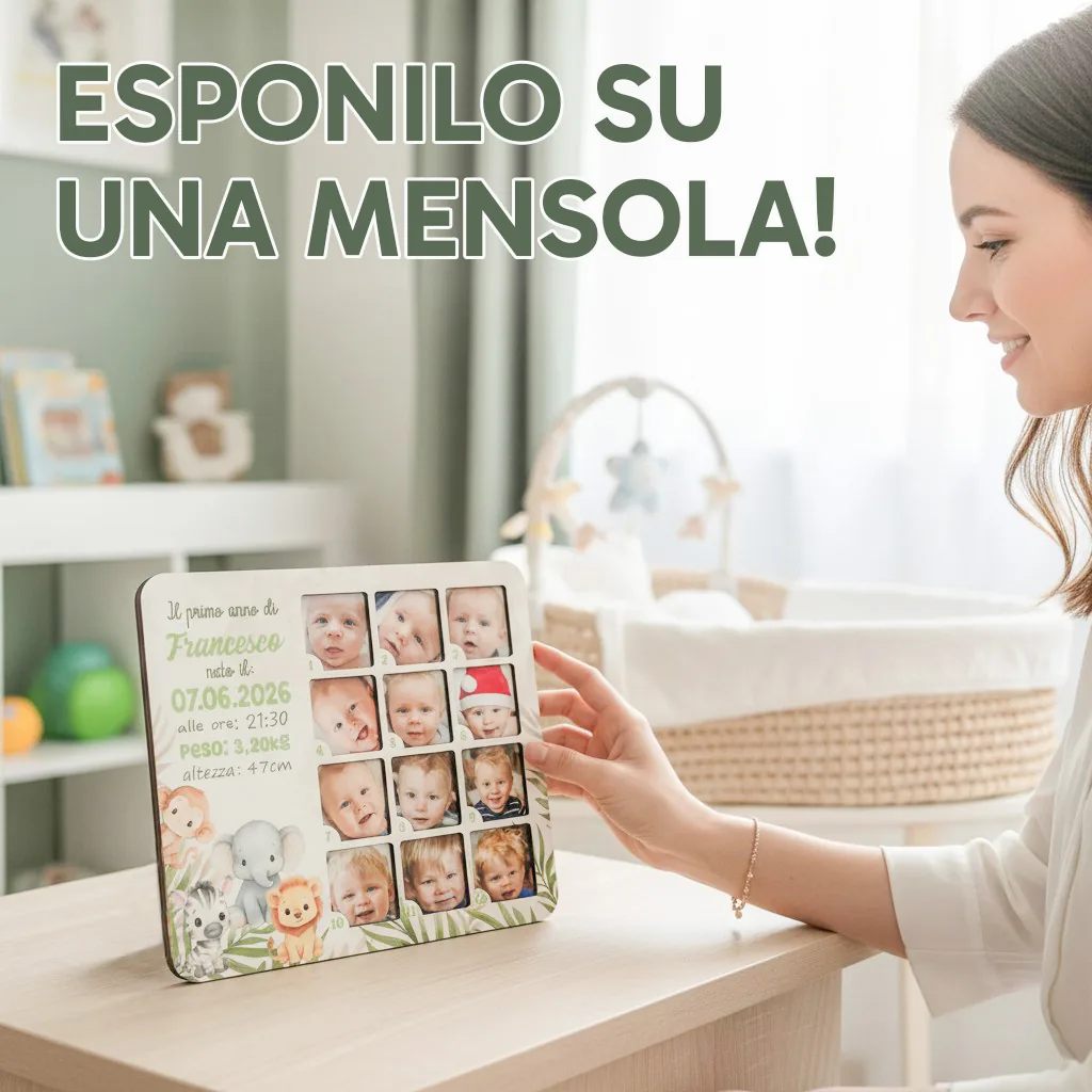 Mamma sorridente che sistema il portafoto 12 mesi tema safari su una mensola della cameretta del bambino