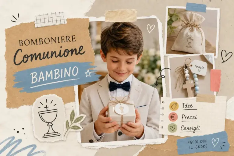 Bomboniere comunione bambino: bambino in abito elegante con scatolina confetti, sacchetto in juta con calice e rosario in legno personalizzato