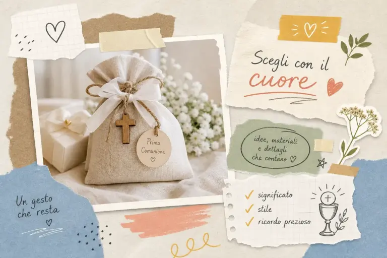 Bomboniere comunione personalizzate, sacchetto in lino con croce in legno e ciondolo Prima Comunione, idee e materiali per scegliere