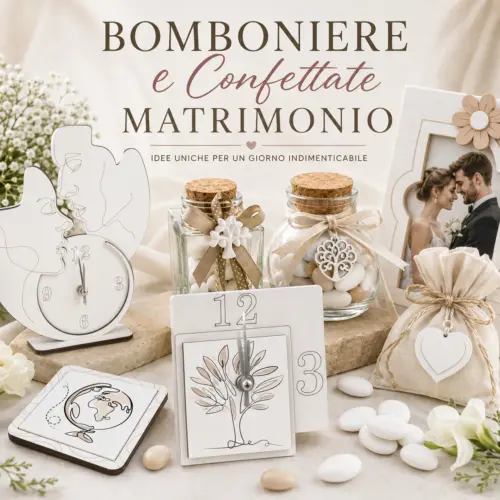 Bomboniere e confettate da matrimonio Albalù con orologi personalizzati, barattoli di confetti e dettagli eleganti per le nozze.