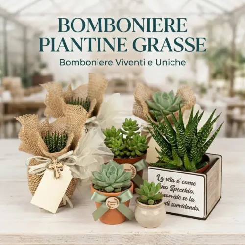 Bomboniere piantine grasse personalizzate, succulente in vaso con sacchetto in juta, croce in legno e targhetta, bomboniere viventi per ogni evento