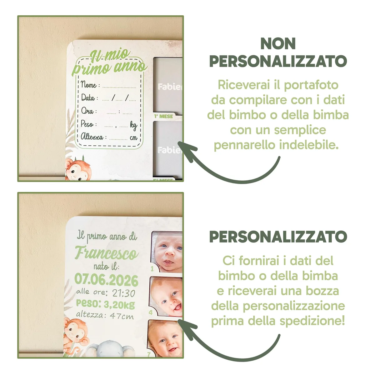 Confronto tra portafoto 12 mesi safari non personalizzato con spazi da compilare a pennarello indelebile e versione personalizzata con nome data e dati di nascita stampati