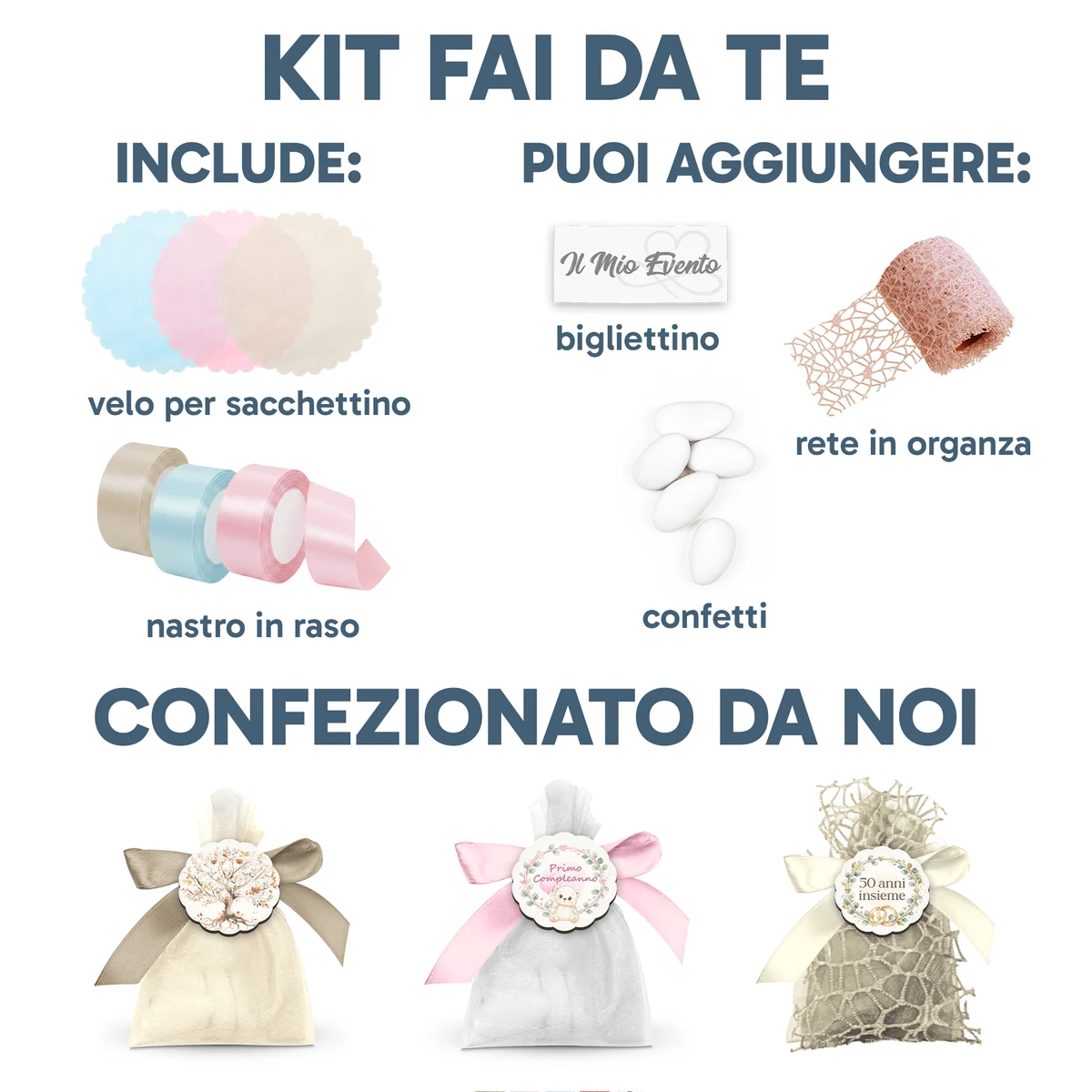 Infografica sui modi di confezionamento delle bomboniere Albalu: kit fai da te con velo per sacchettino, nastro in raso, bigliettino, confetti e rete in organza, oppure bomboniera gia confezionata da noi in sacchetto di organza con applicazione e fiocco