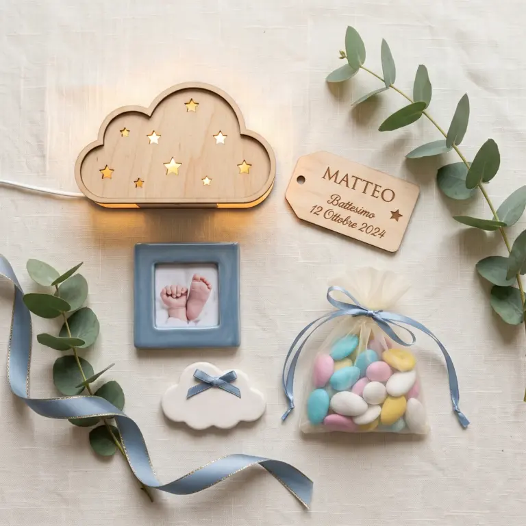 Bomboniere per battesimo personalizzate: lampada LED nuvola in legno con stelle, targhetta con nome e data, portafoto in ceramica e confetti in sacchetto di organza
