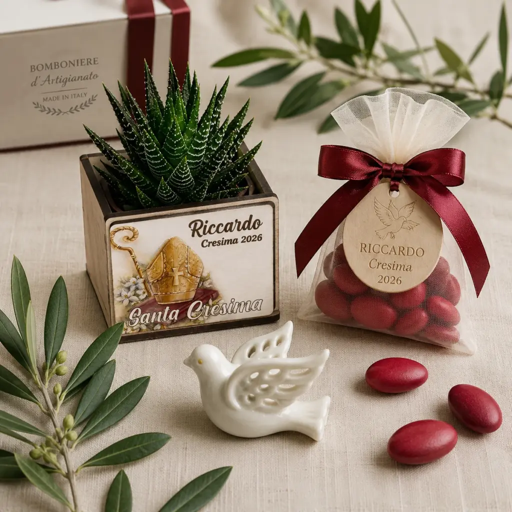 Bomboniere per cresima personalizzate: piantina grassa in vaso di legno con mattonella Santa Cresima, colomba in ceramica, confetti rossi e targhetta con nome inciso