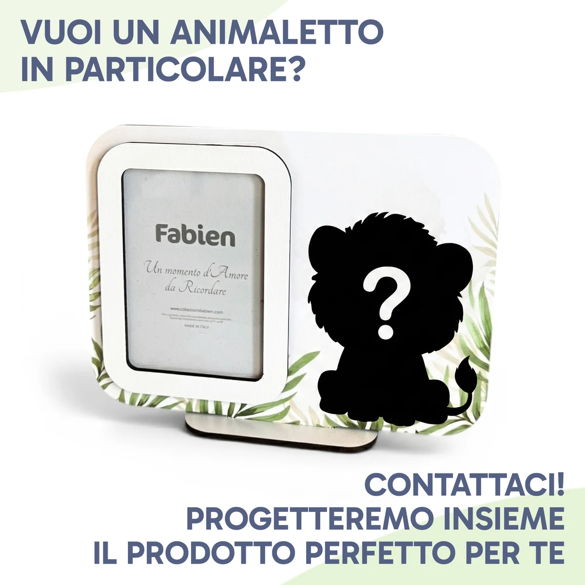 Retro del portafoto in legno a tema safari, vano foto Fabien e invito a richiedere un animaletto personalizzato